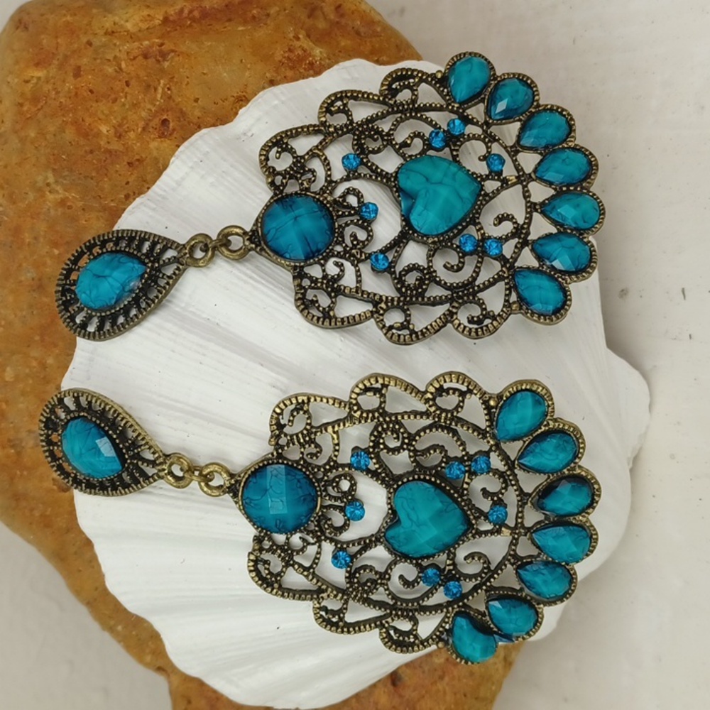 Turquoise Tone Rhinestone Filigree Metal Teardrop Statement Dangle Earrings -